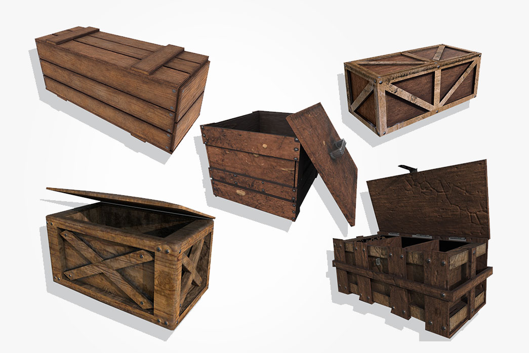 3d boxes, wooden supply crates