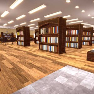 library interior 3d, book shelves, library interior design