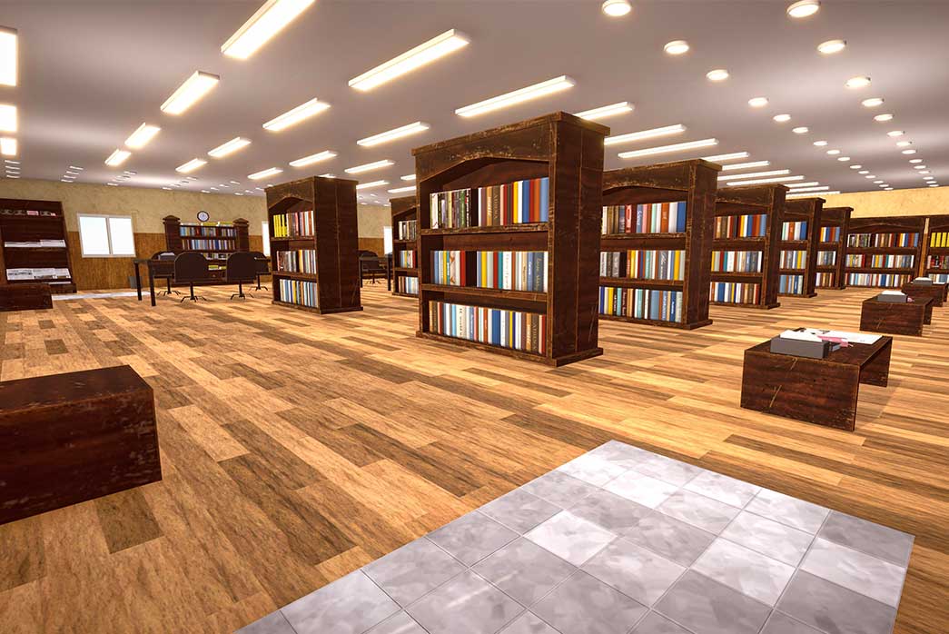 library interior 3d, book shelves, library interior design