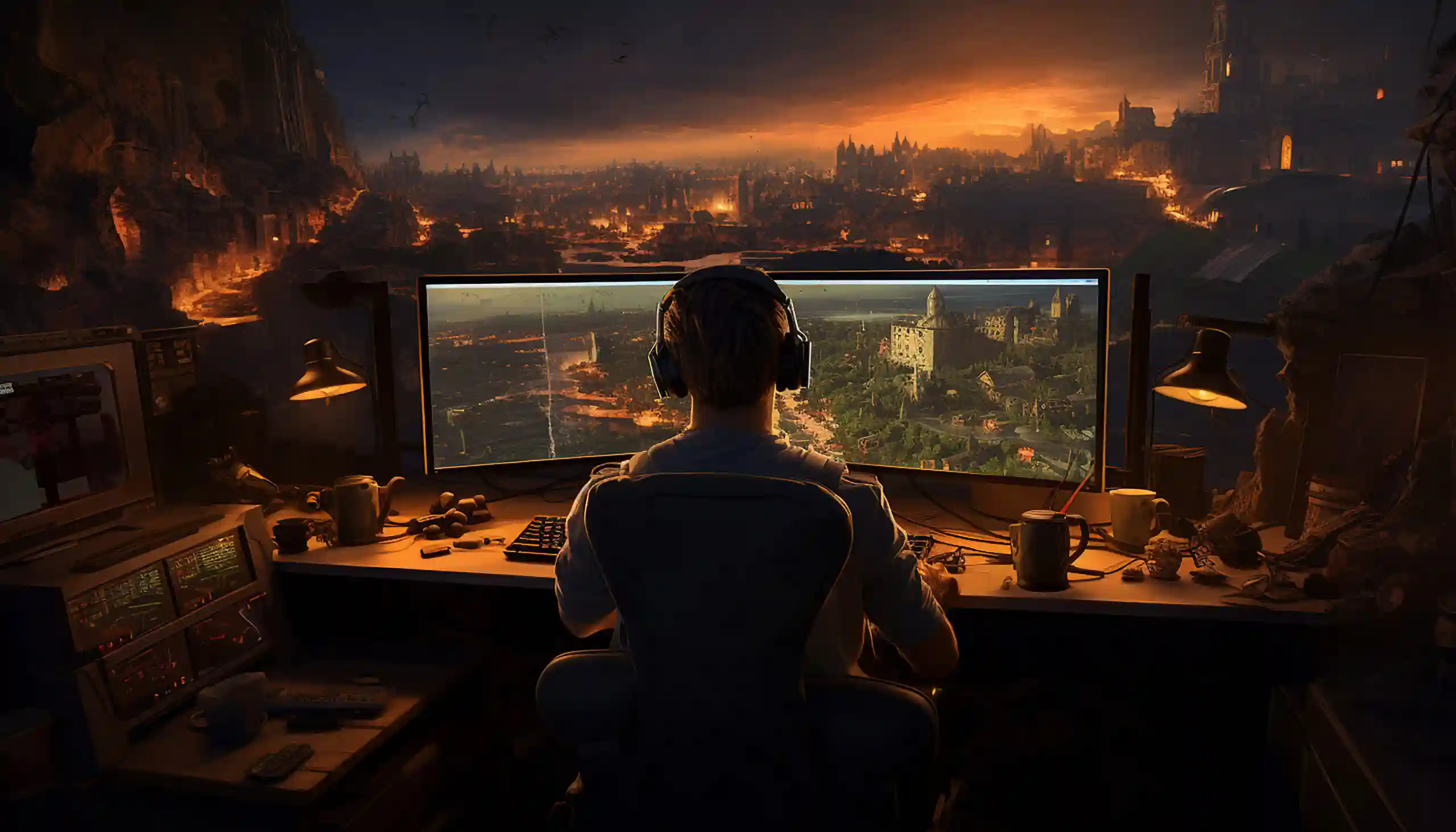 gamer playing desktop pc computer gaming illustration