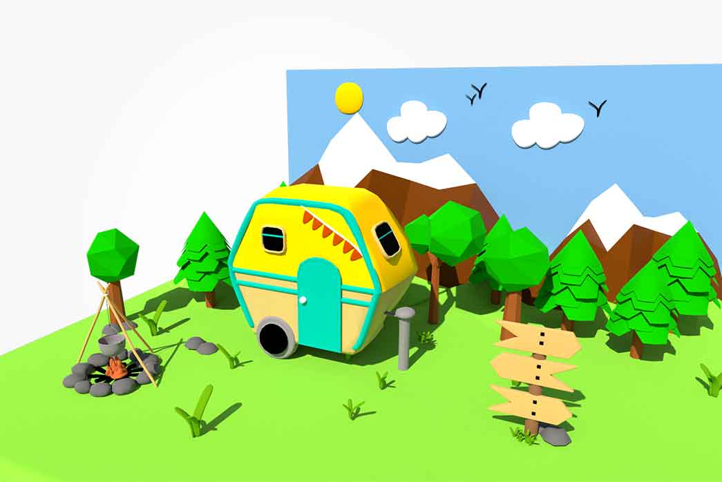 low poly 3d cartoonish camp